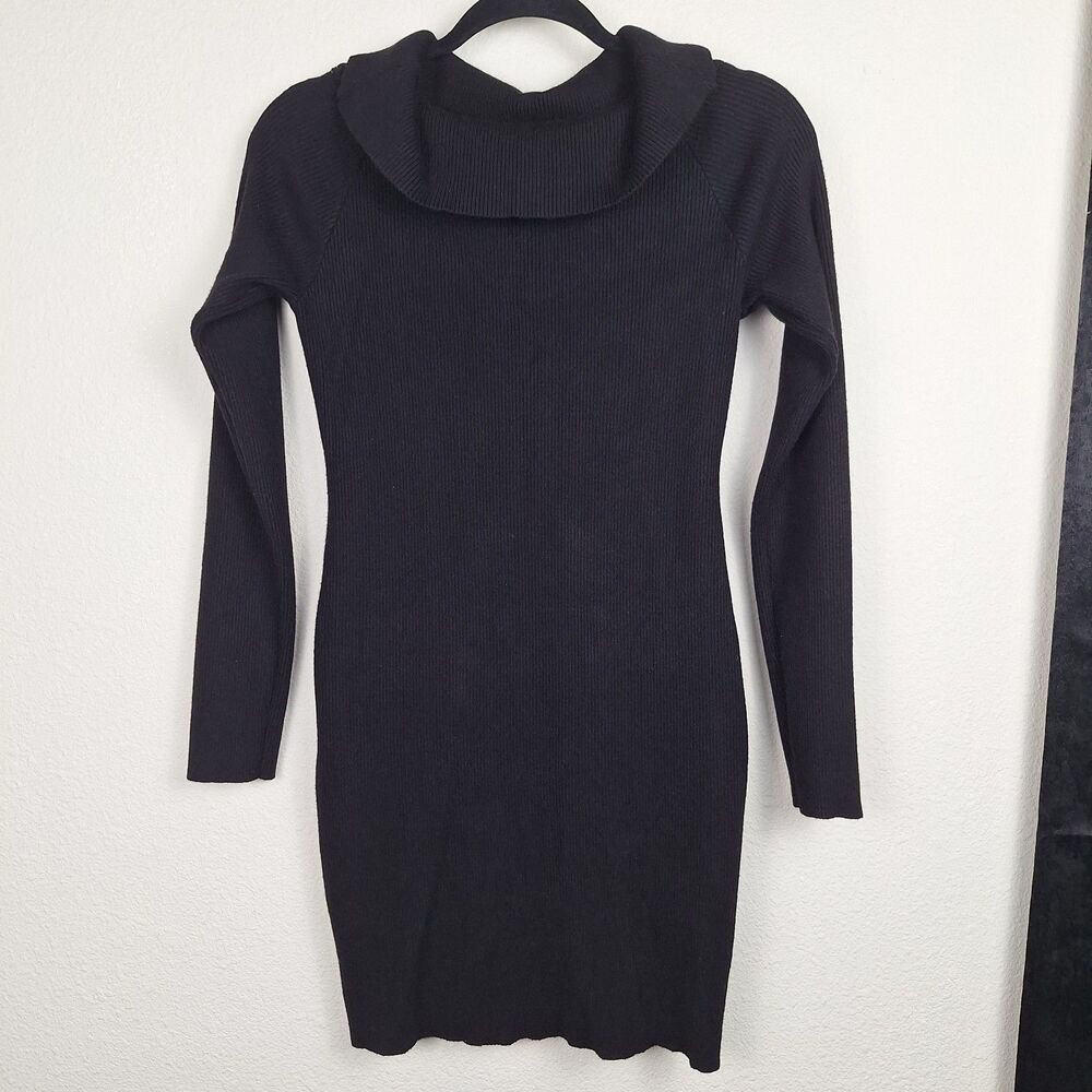 Qinsen Off-Shoulder Ribbed Sweater Dress Folded Neck Long Sleeve L Stylish Mini